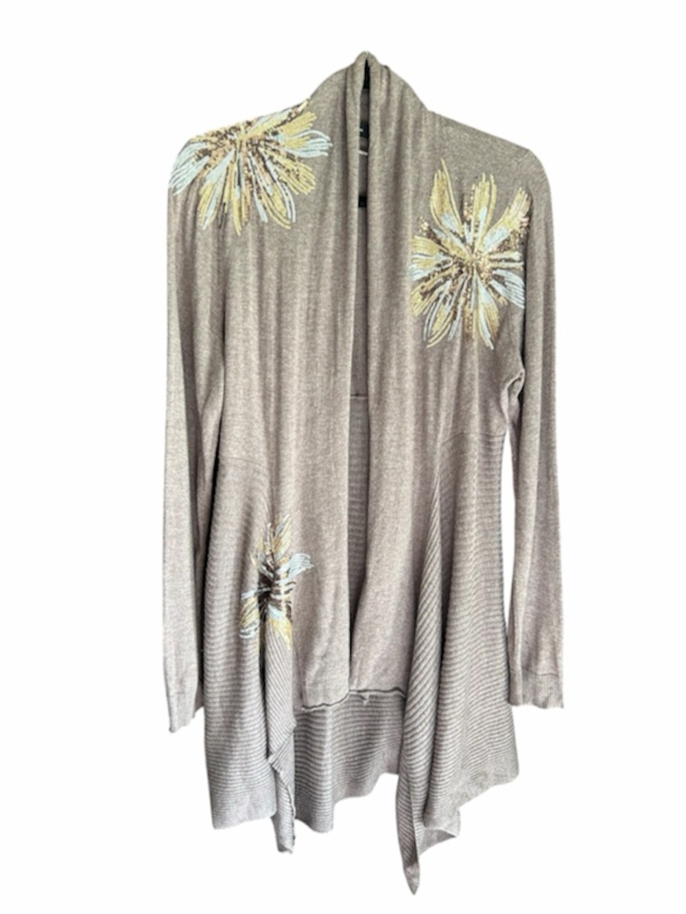 Open-Front Floral Embroidered Draped Cardigan - Taupe